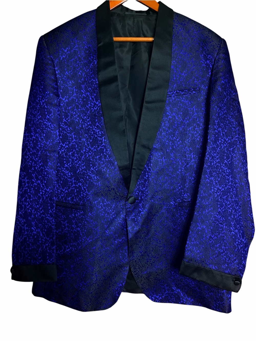 Vintage Royal Blue & Black Silk Blend Tuxedo Dinner Jacket Blazer Brocade XXL